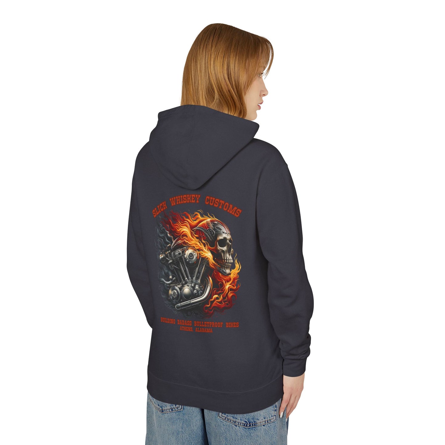 SWC Collection- Motorhead Custom Motorcycle Sweatshirt, Unisex Hoodie, Biker Gear, Lightweight Hooded Top, Skull and Flames Design, Gift for Riders