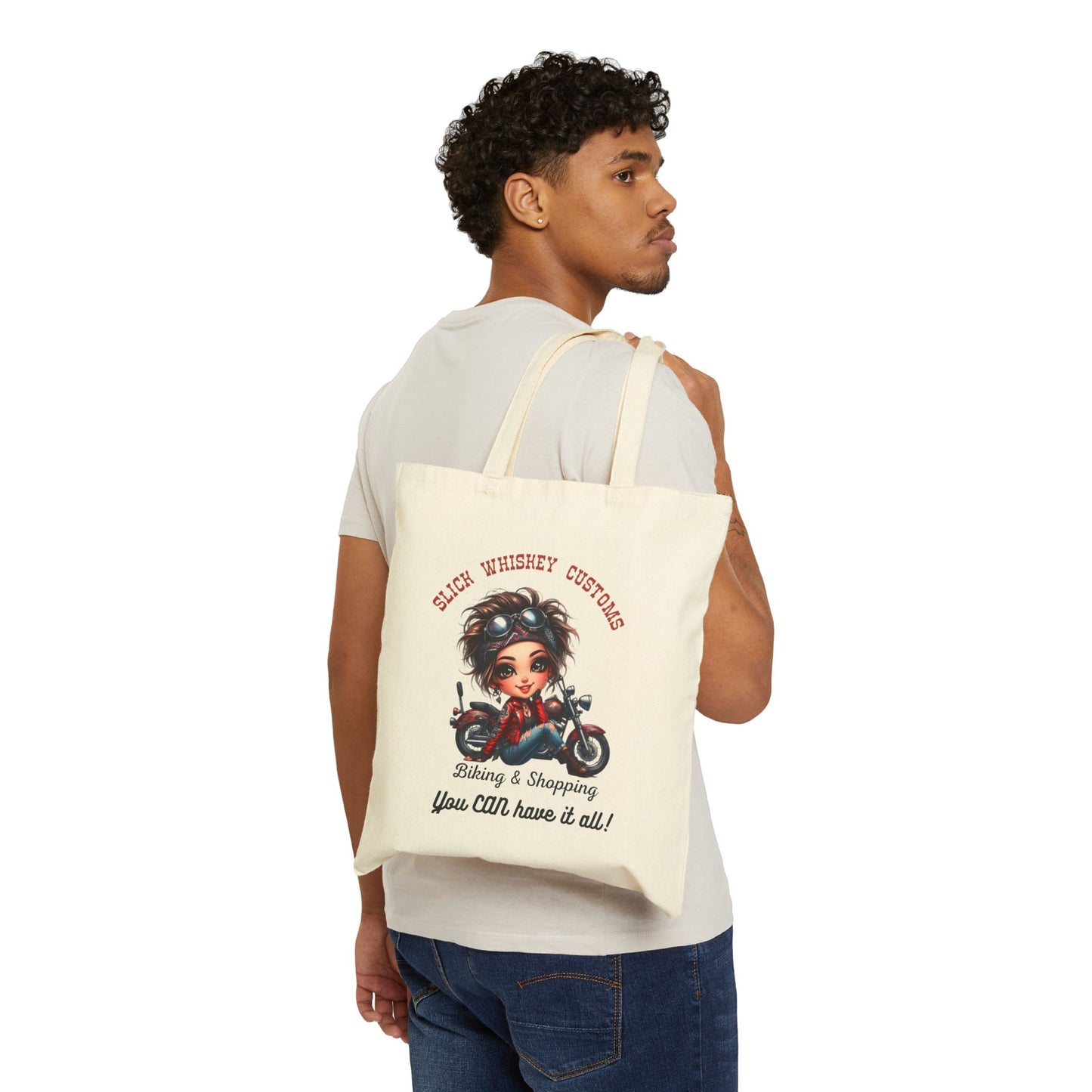 SWC Collection-Tote Bag, Have it all, Custom Motorcycle Tote Bag, Biking and Shopping Bag, Eco-Friendly Canvas Bag, Gift for Bikers, Unique Motorbike Tote