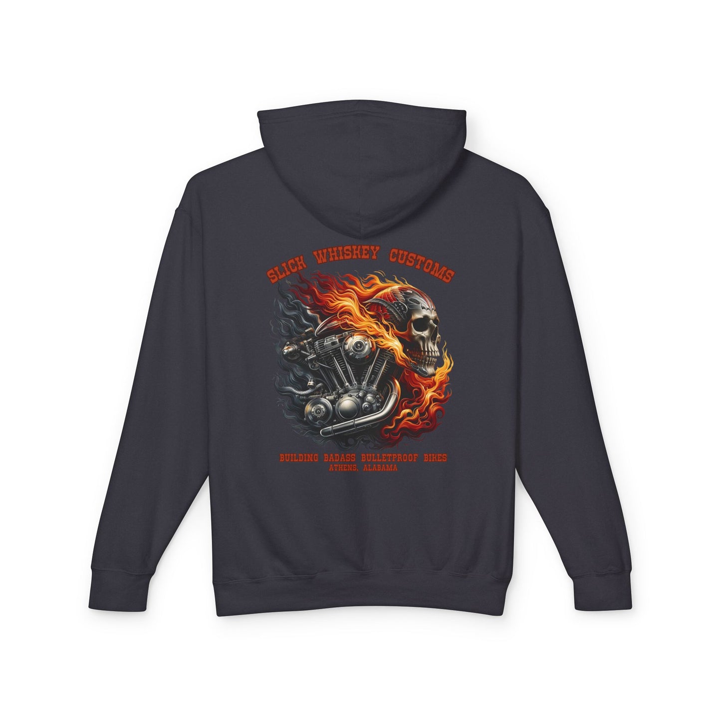 SWC Collection- Motorhead Custom Motorcycle Sweatshirt, Unisex Hoodie, Biker Gear, Lightweight Hooded Top, Skull and Flames Design, Gift for Riders
