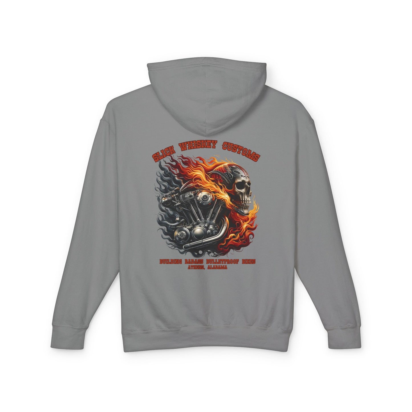 SWC Collection- Motorhead Custom Motorcycle Sweatshirt, Unisex Hoodie, Biker Gear, Lightweight Hooded Top, Skull and Flames Design, Gift for Riders