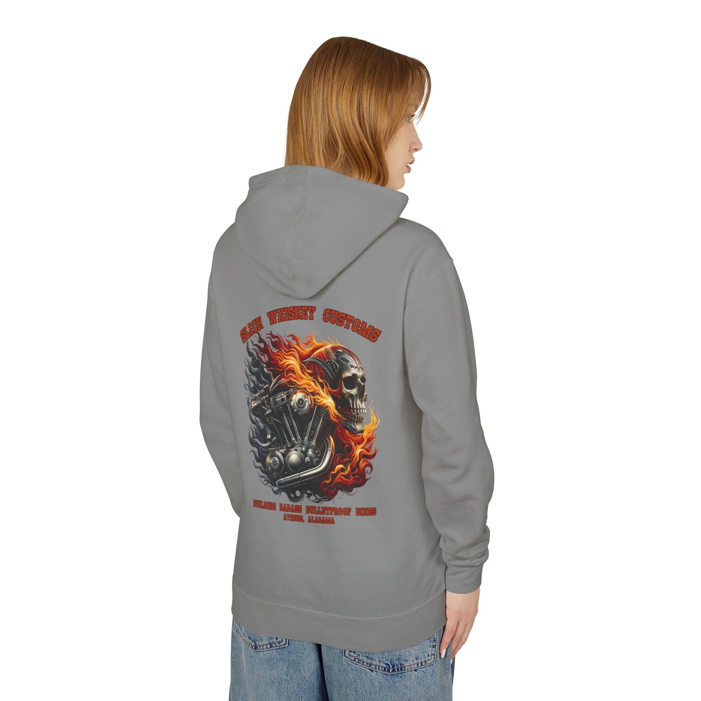 SWC Collection- Motorhead Custom Motorcycle Sweatshirt, Unisex Hoodie, Biker Gear, Lightweight Hooded Top, Skull and Flames Design, Gift for Riders