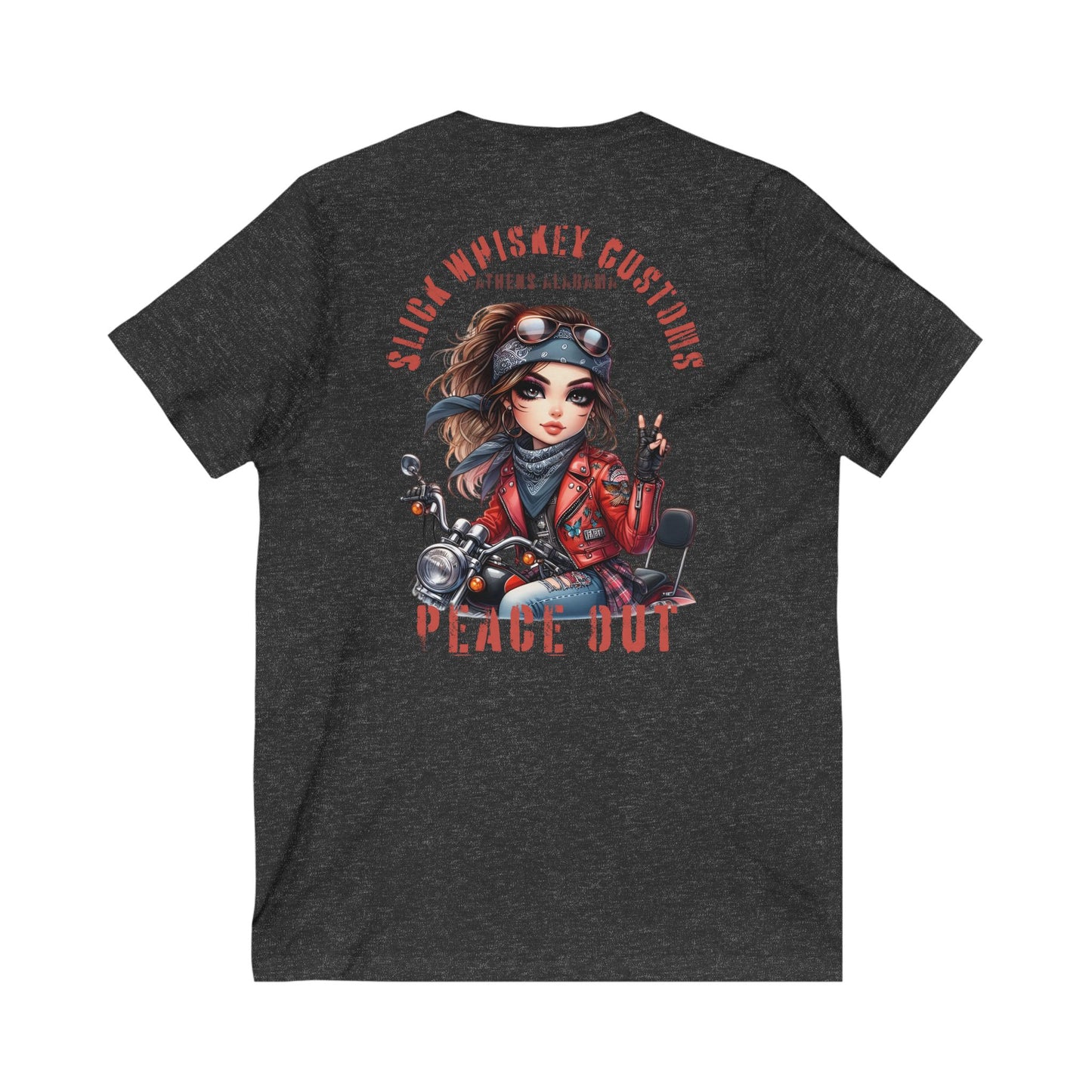SWC Collection- Peace Out Biker Chic V-Neck Tee | Unisex Graphic Tee, Motorcycle Apparel, Gift for Her, Casual Wear, Trendy T-Shirt