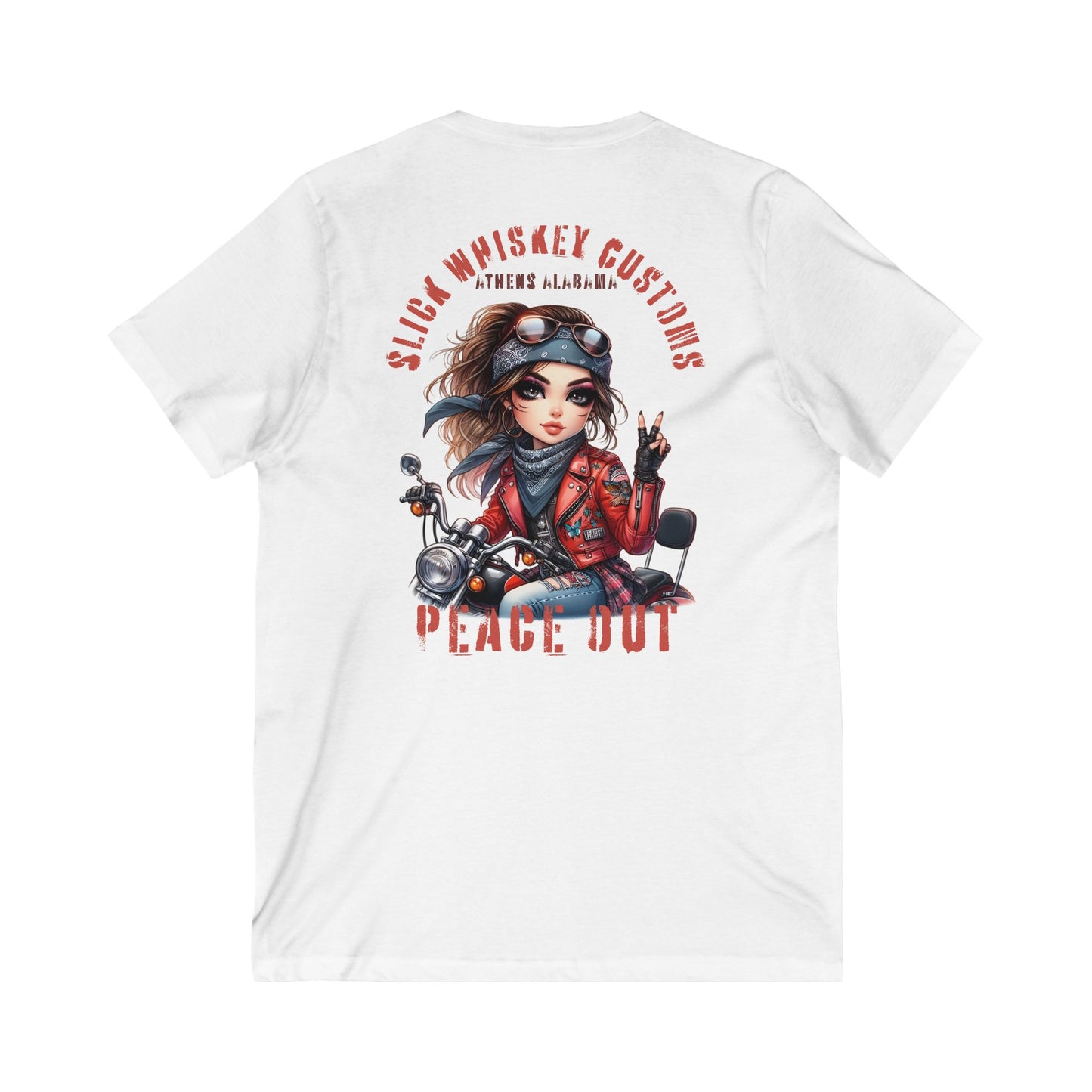 SWC Collection- Peace Out Biker Chic V-Neck Tee | Unisex Graphic Tee, Motorcycle Apparel, Gift for Her, Casual Wear, Trendy T-Shirt