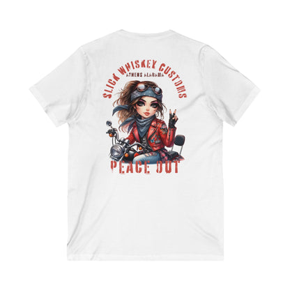 SWC Collection- Peace Out Biker Chic V-Neck Tee | Unisex Graphic Tee, Motorcycle Apparel, Gift for Her, Casual Wear, Trendy T-Shirt