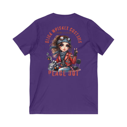 SWC Collection- Peace Out Biker Chic V-Neck Tee | Unisex Graphic Tee, Motorcycle Apparel, Gift for Her, Casual Wear, Trendy T-Shirt