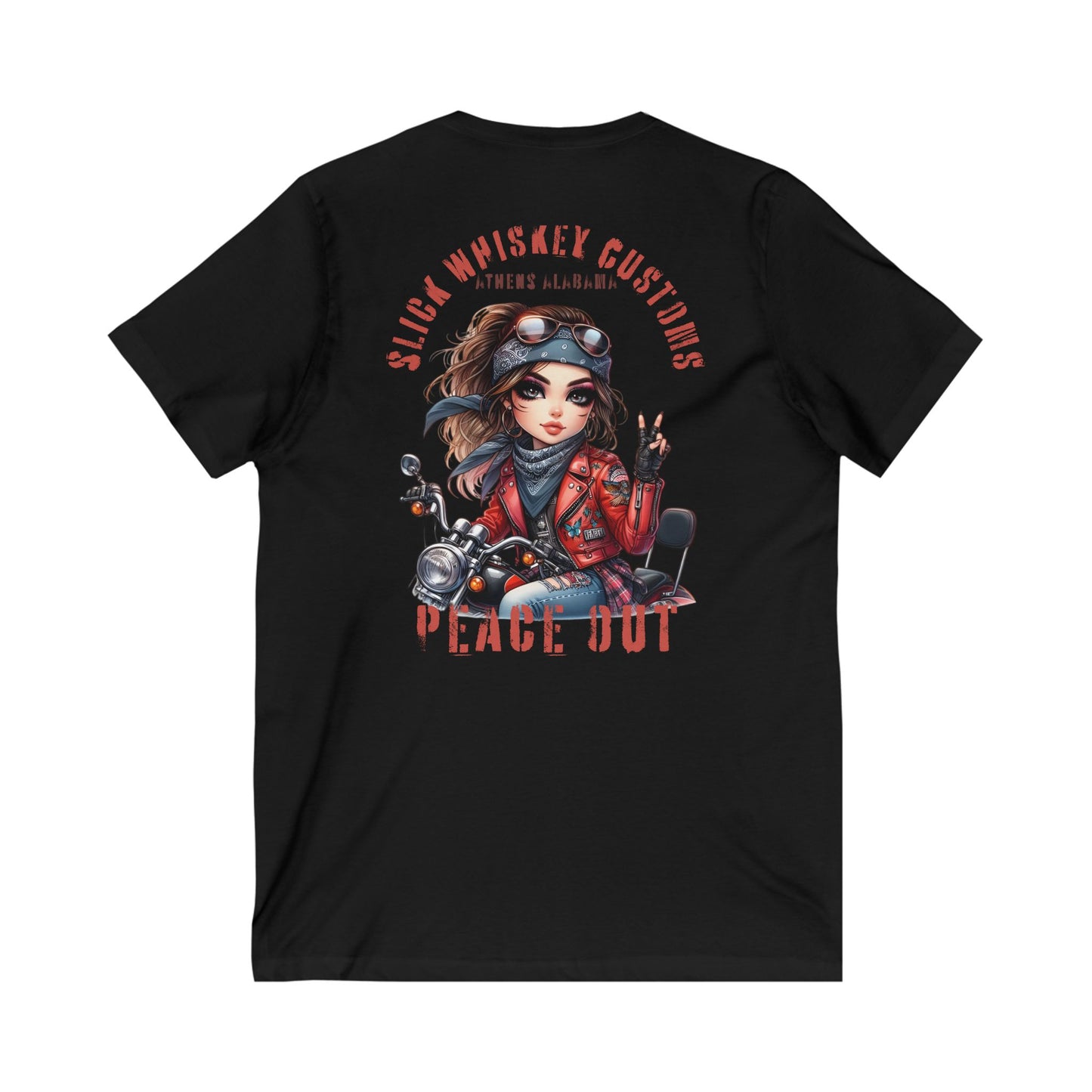 SWC Collection- Peace Out Biker Chic V-Neck Tee | Unisex Graphic Tee, Motorcycle Apparel, Gift for Her, Casual Wear, Trendy T-Shirt